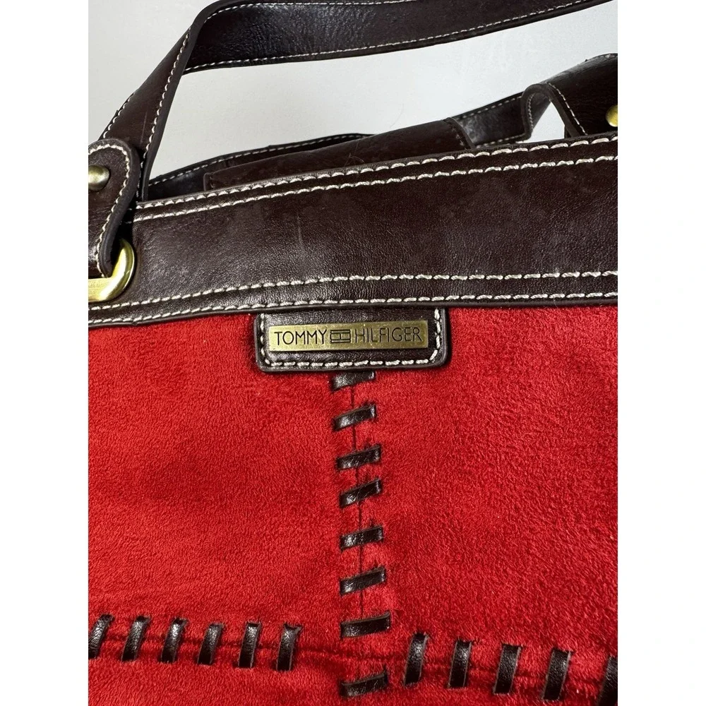 Tommy Hilfiger Medium Size Suede Red ‎ Handbag Purse w/ Espresso Leather Accent